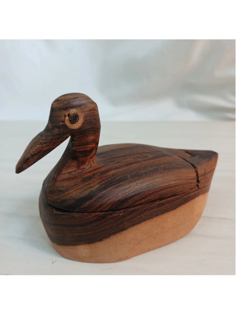 Hand Carved Folk Art Wood Duck Bird Trinket Box Hinged Lid Handmade